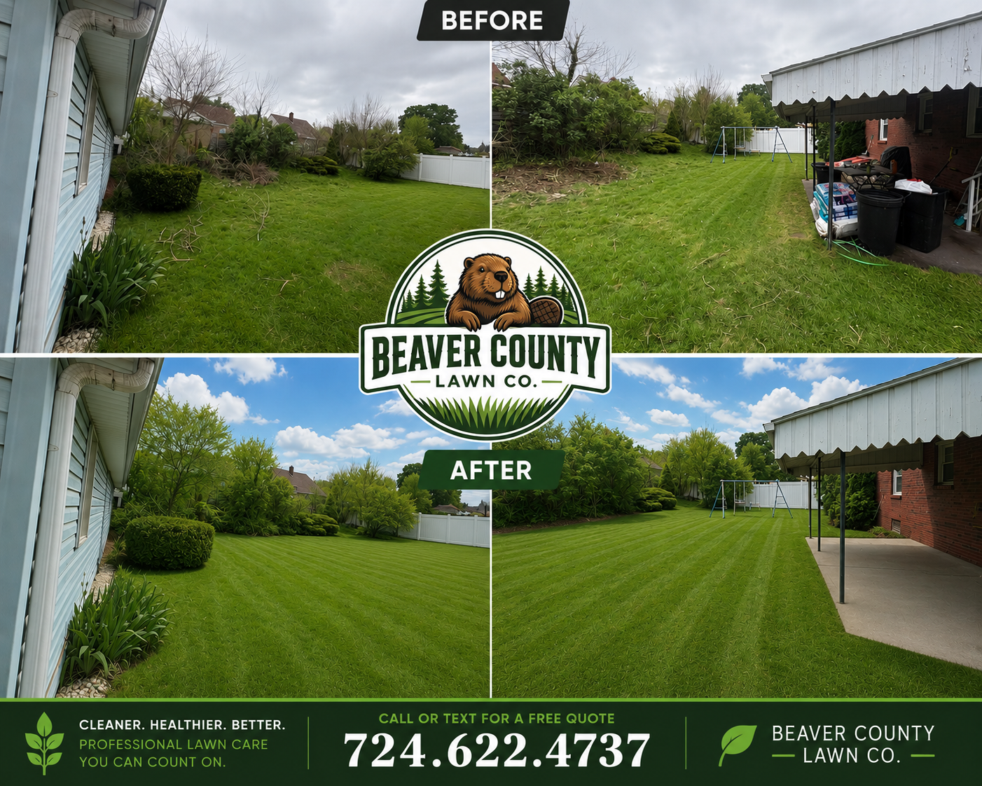 Before and after lawn care transformation by Beaver County Lawn Co. in Beaver County, PA